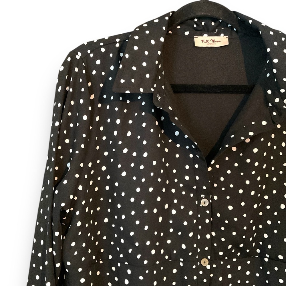 Full Moon Maternity Black Polka Dot Knee Length Long Sleeve Shirt Dress Size L